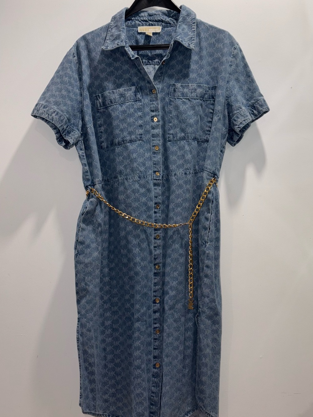Michael Kors Blue Denim Button-Front Midi Dress with Gold Chain Belt